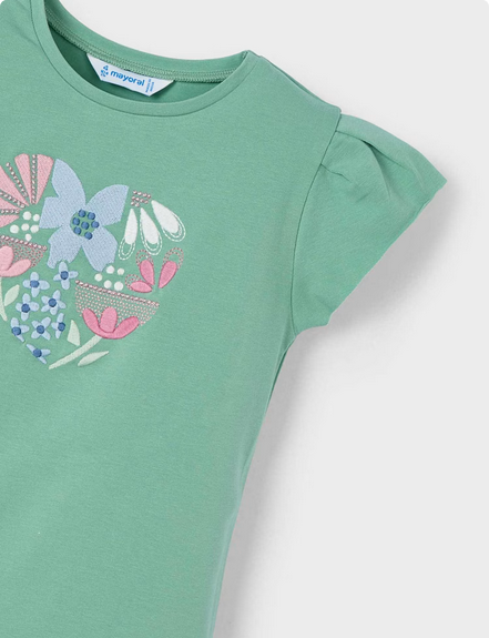 Mayoral 3015 Girl Embroidered Heart T-Shirt/ Menta