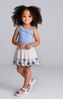 Mayoral 3903 Girls Embroidered Skirt w/Blue Flowers – Blanco