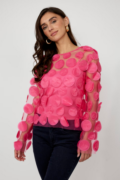 Frank Lyman 259708 Long Sleeve Mesh Blouse Circle Appliques