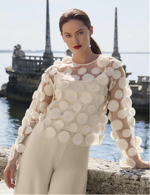 Frank Lyman 259708 LS Mesh Blouse Circle Appliques /