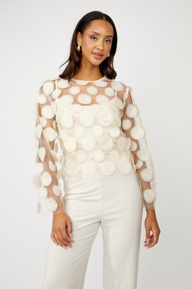 Frank Lyman 259708 Long Sleeve Mesh Blouse Circle Appliques