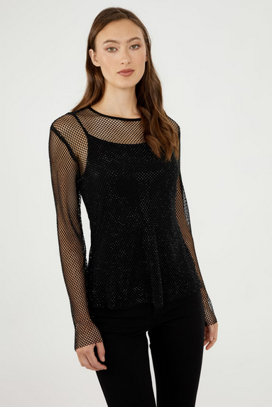 Frank Lyman 244619U Knit Rhinestone Long Sleeve Top – Black