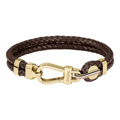 Boss 1580700M Men's Braided Brown Leather & Gold Hardware Bracelet