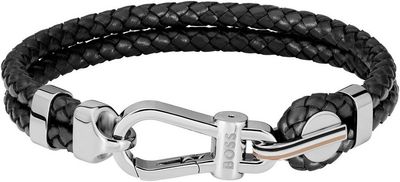 Boss 1580699M Men's Braided Black Leather & Silver Hardware Bracelet