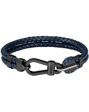 Boss 1580701M Men's Braided Navy Leather & Black Hardware Bracelet
