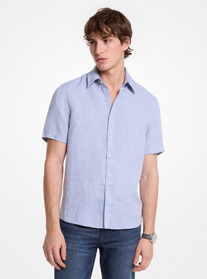 Michael Kors CS1400I4YT Men's Short Sleeve Slim Fit Linen Shirt – Blue
