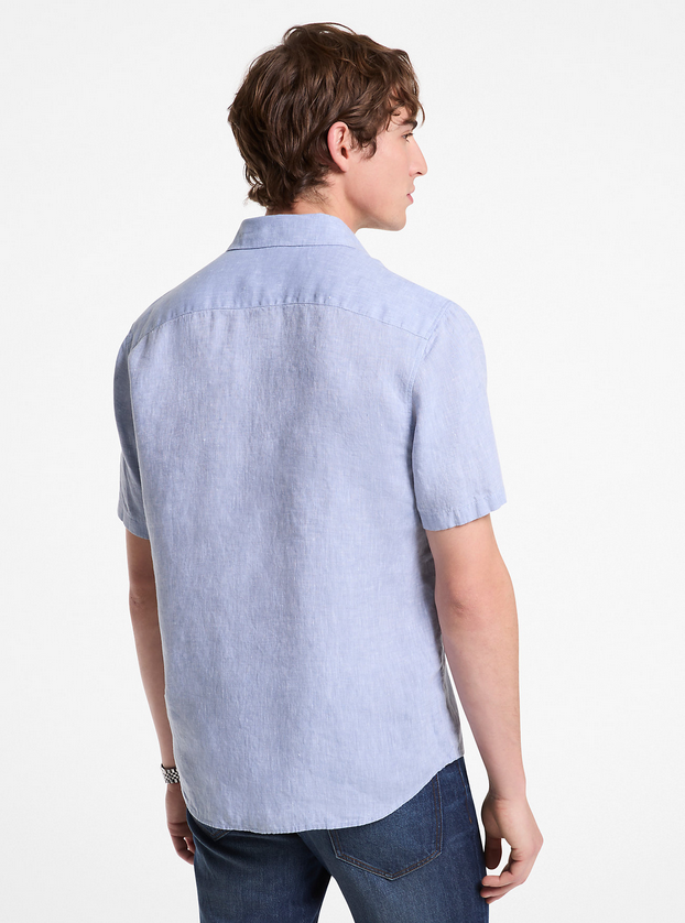 Michael Kors CS1400I4YT Men's Short Sleeve Slim Fit Linen Shirt – Blue