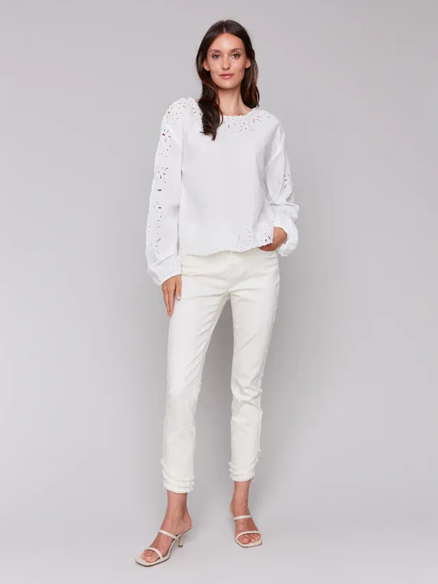 Charlie B C4619-255C Women’s Long Sleeve Crew Neck Eyelet Blouse