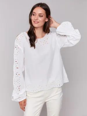 Charlie B C4619-255C Women’s LS Crew Neck Eyelet Blouse/