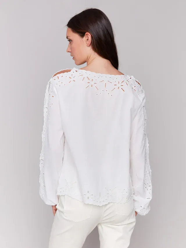 Charlie B C4619-255C Women’s Long Sleeve Crew Neck Eyelet Blouse