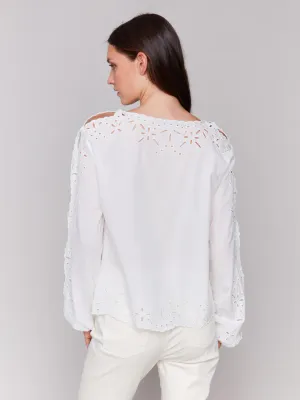 Charlie B C4619-255C Women’s LS Crew Neck Eyelet Blouse/