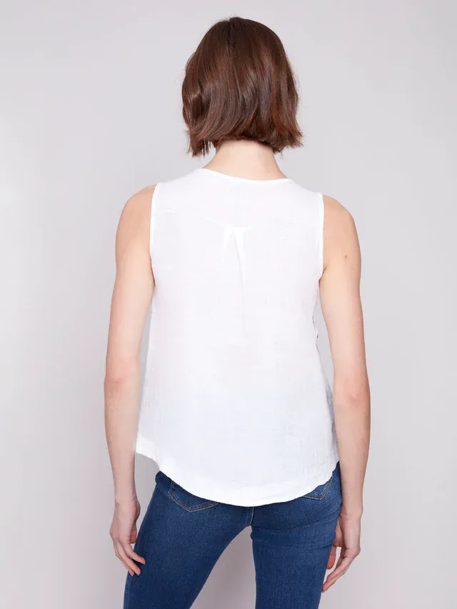 Charlie B C4425T Women’s Solid SLV Round Neck Linen Blouse