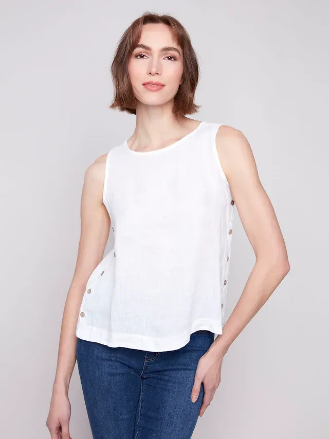 Charlie B C4425T Women’s Solid SLV Round Neck Linen Blouse