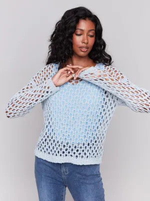 Charlie B C2796-224C Long Sleeve Metallic Knit Sweater – Light Blue Denim