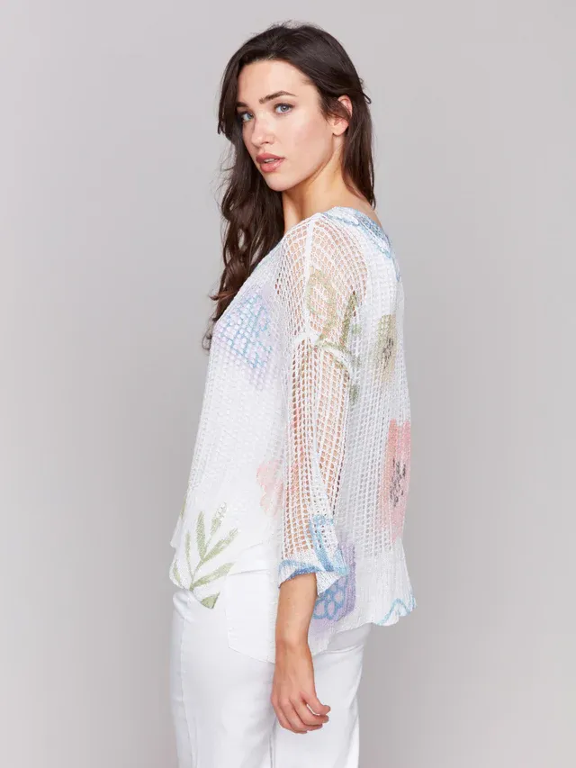 Charlie B C2326PY-029B Long Sleeve Knit Floral Print – White Aquarelle Watercolor