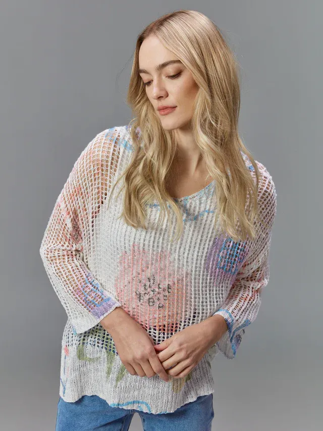 Charlie B C2326PY-029B Long Sleeve Knit Floral Print – White Aquarelle Watercolor