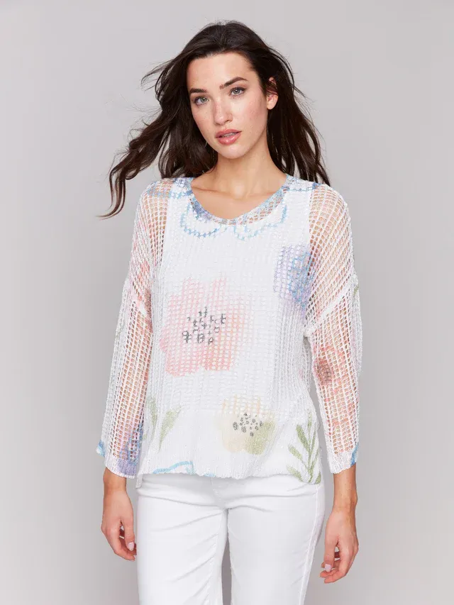 Charlie B C2326PY-029B Long Sleeve Knit Floral Print – White Aquarelle Watercolor
