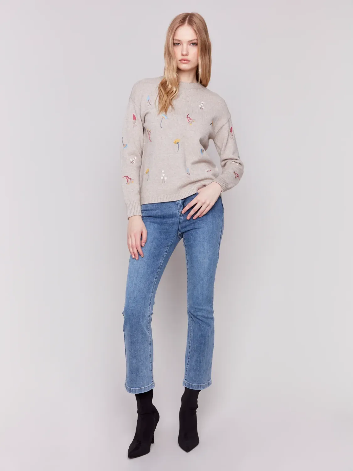 Charlie B C2561R-9748 Knit Sweater Flower Embroidery – Almond