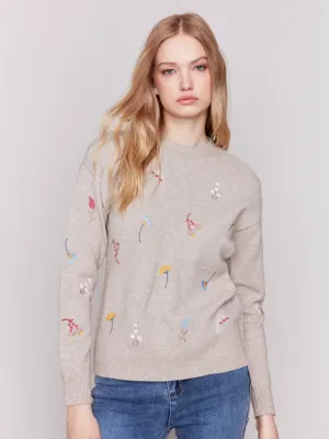 Charlie B C2561R-9748 Knit Sweater Flower Embroidery – Almond