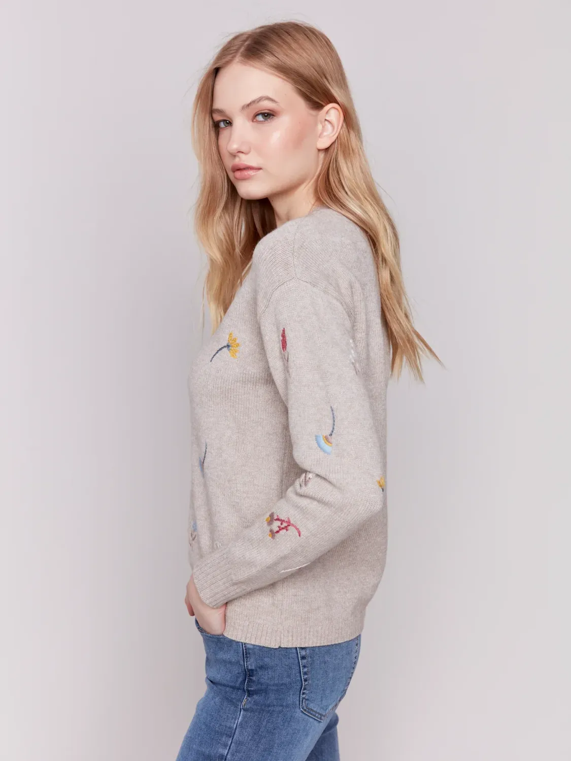 Charlie B C2561R-9748 Knit Sweater Flower Embroidery – Almond