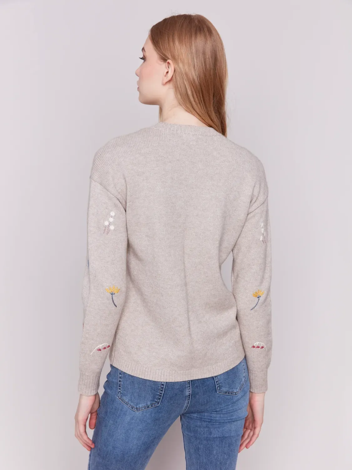 Charlie B C2561R-9748 Knit Sweater Flower Embroidery – Almond