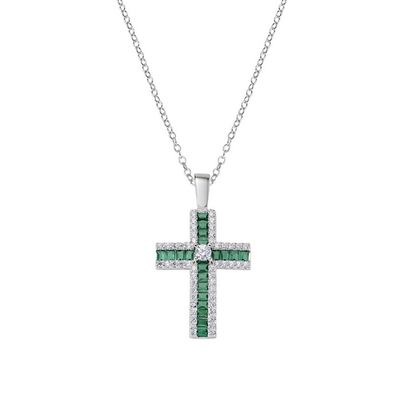 Amen CLCRBABBVEZ Green & White CZ Silver Cross Pendant Necklace