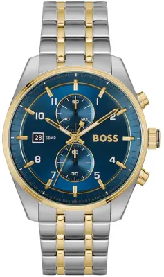 BOSS 1514247 Men's Skytraveller Two-Tone IP Chronograph Watch w/ Blue Dial