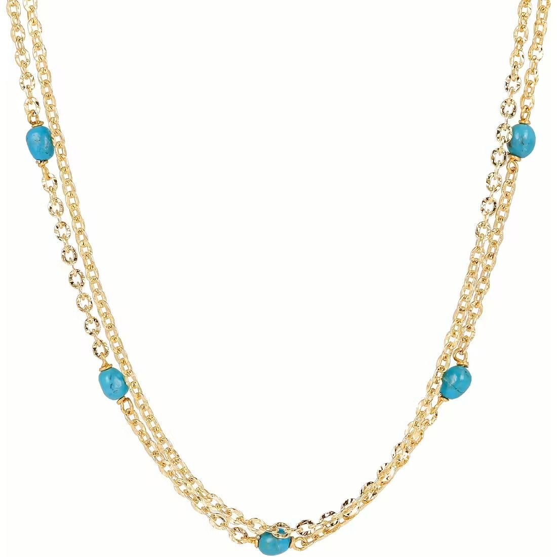 Etrusca WSET00565.TU Women's Gold Plated Hammered Double Chain Necklace w/ Turquoise Beads