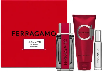 Salvatore Ferragamo 24345 Men's Shampoo & Shower Gel, Eau De Parfum, Travel Eau De Parfum 3PC Gift Box Set 100ml, 100ml, 15ml – Red Leather