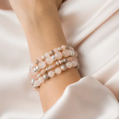 Beblue BBCANDY-SP Large Light Pink & Silver Elastic Bead Bracelet