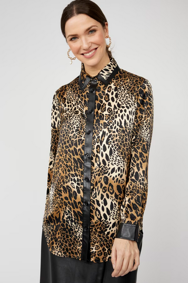 Frank Lyman 253782 Women's Long Sleeve Leopard Print Satin Blouse