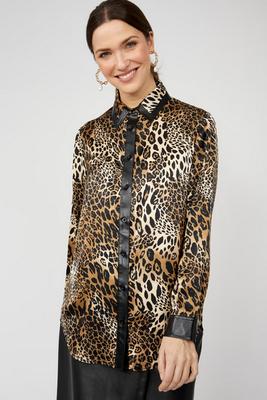 Frank Lyman 253782 Women's LS Leopard Print Satin Blouse
