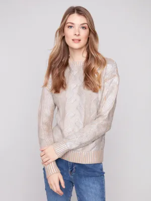 Charlie B C2909-095C Women's Foiled Cable Knit Crew Neck Sweater – Mustard&silver