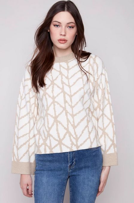 Charlie B C2921-974A Jacquard Crew Neck Sweater – Ecru
