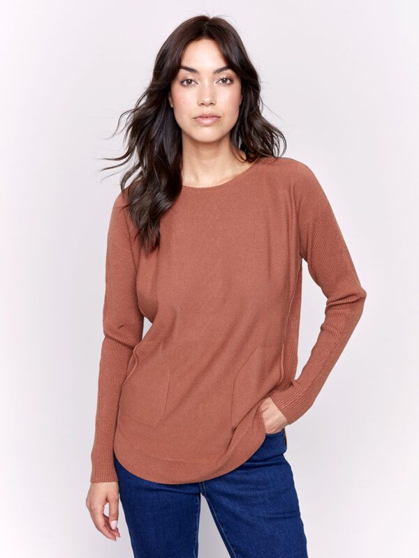 Charlie B C2380Y-464A Women's Round Hem Sweater w/ Front Pockets & Sleeve Lacing