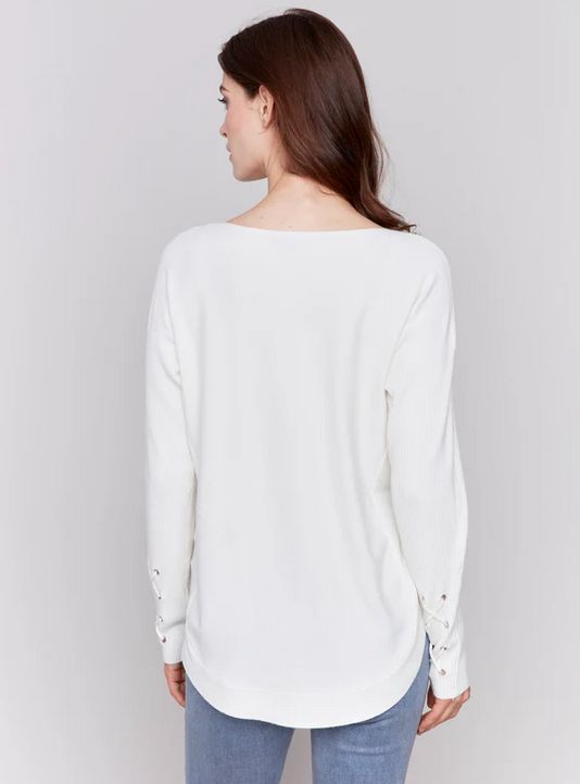 Charlie B C2380Y-464A Women's Round Hem Sweater w/ Front Pockets & Sleeve Lacing