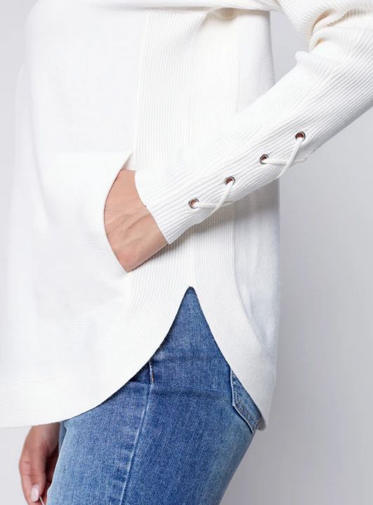 Charlie B C2380Y-464A Women's Round Hem Sweater w/ Front Pockets & Sleeve Lacing