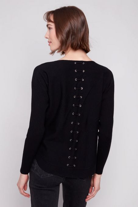 Charlie B C2170Z-464A Women's Round Hem Sweater w/ Front Pockets & Back Lacing