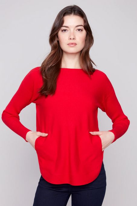 Charlie B C2170Z-464A Women's Round Hem Sweater w/ Front Pockets & Back Lacing
