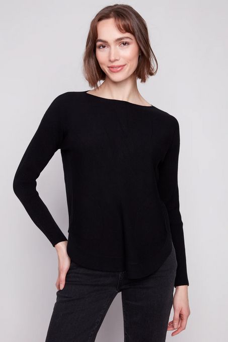 Charlie B C2170Z-464A Women's Round Hem Sweater w/ Front Pockets & Back Lacing