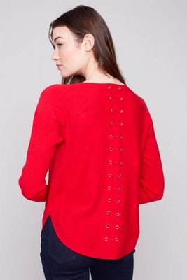 Charlie B C2170Z-464A Women's Round Hem Sweater w/ Front Pockets & Back Lacing