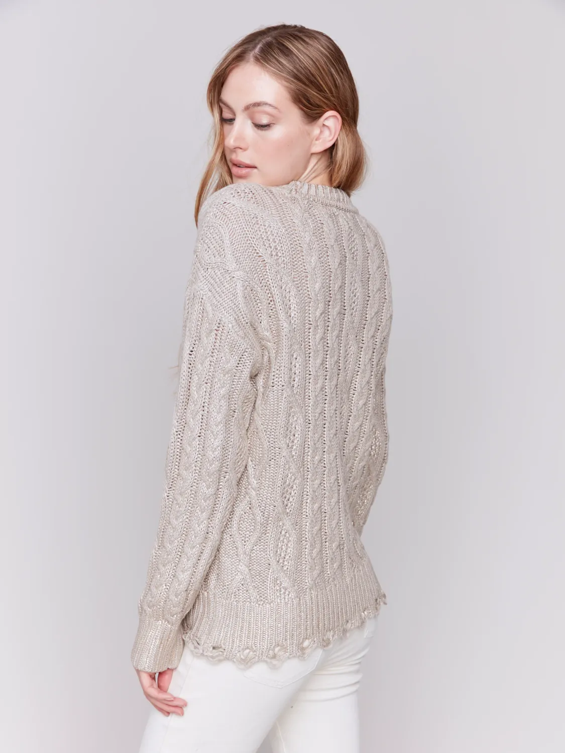 Charlie B C2716-095C Women's Foiled Cable Knit Crew-Neck Sweater w/ Distressed Hem