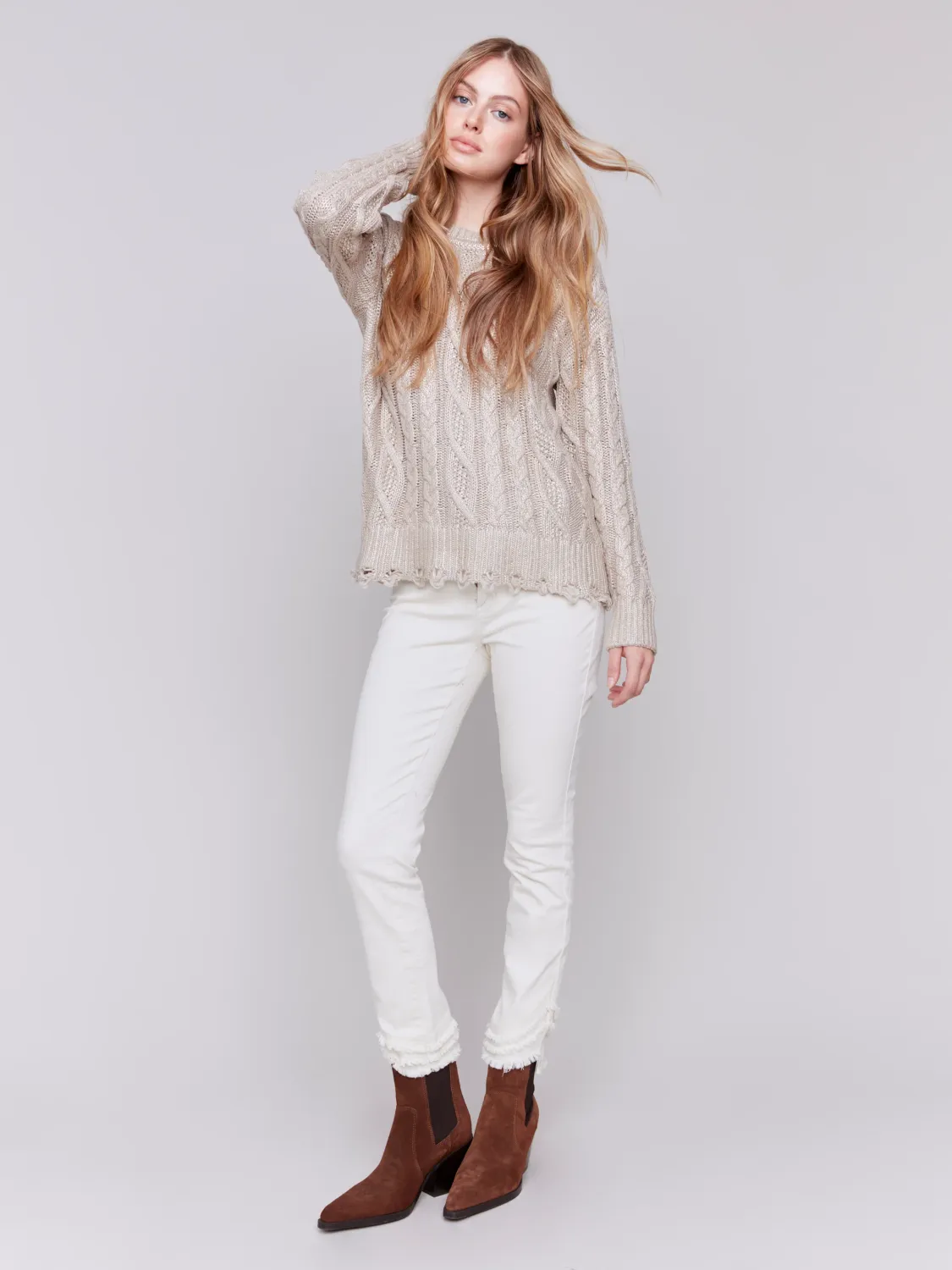Charlie B C2716-095C Women's Foiled Cable Knit Crew-Neck Sweater w/ Distressed Hem
