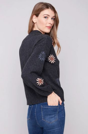 Charlie B C2689E-433C Women's Embroidered Mock Neck Sweater – Charcoal