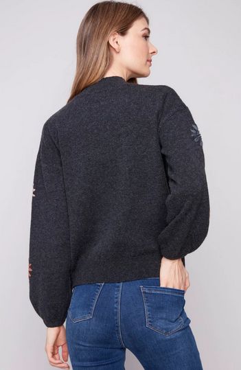 Charlie B C2689E-433C Women's Embroidered Mock Neck Sweater – Charcoal