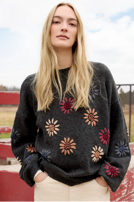 Charlie B C2689E-433C Women's Embroidered Mock Neck Sweater – Charcoal