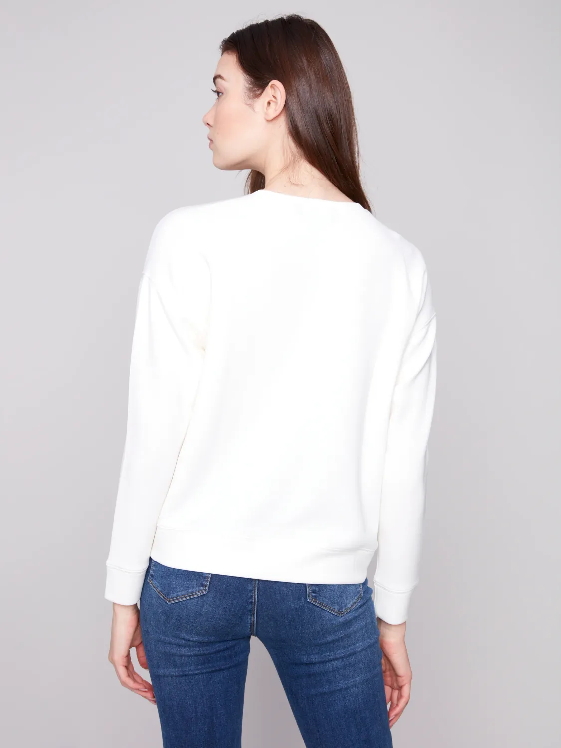 Charlie B C1406E-330C Women's Long Sleeve Soft Scuba Top w/Soutache Detail – Ecru