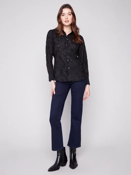 Charlie B C4632-396C Women's Long Sleeve Chiffon Shirt – Black
