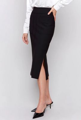 Charlie B C7076R-049C Women's Knee Length Crepe Skirt w/ Side Slits & Pockets/BLACK