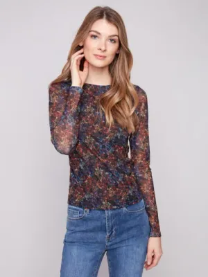 Charlie B C1409-385C Women's Long Sleeve Printed Mesh Top